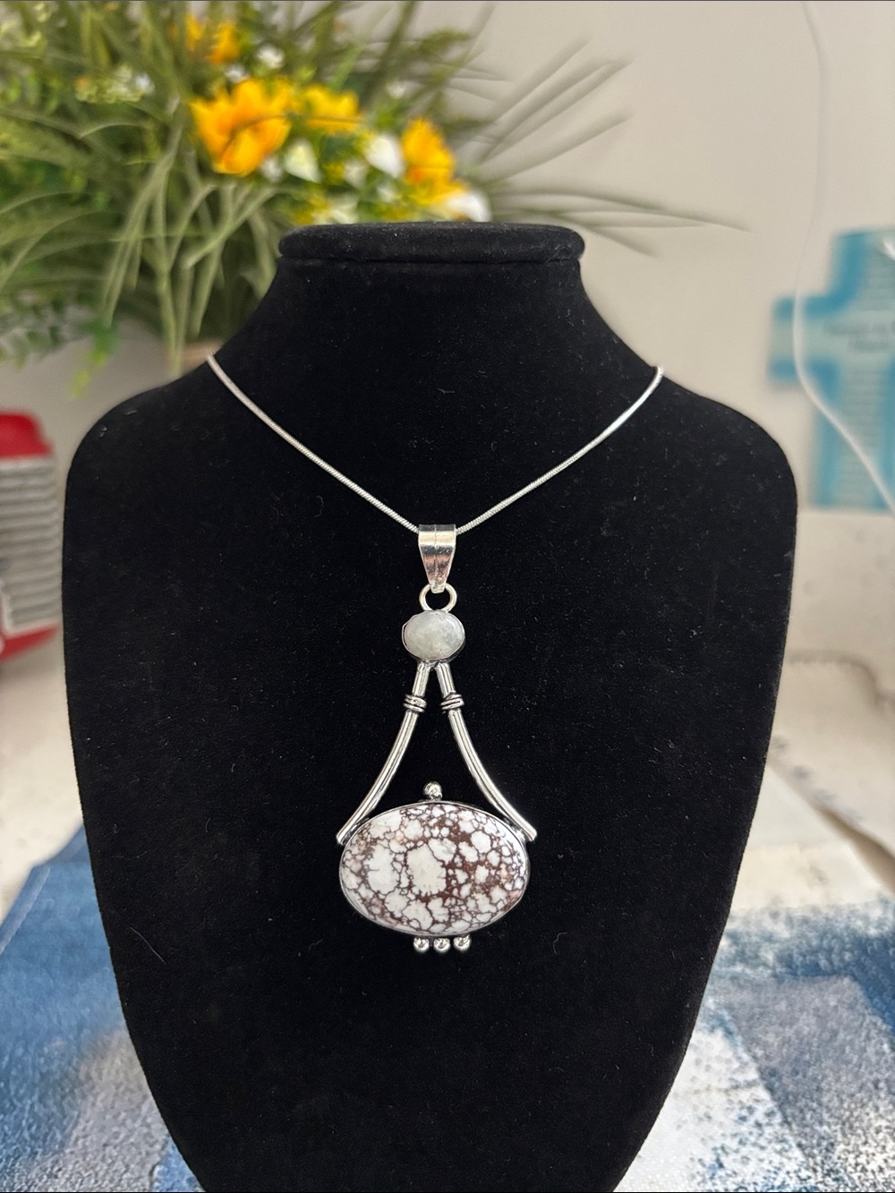 Sterling Silver Wild Horse Jasper Rainbow Moonstone Gemstone Pendant Necklace